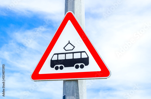 Sign showing that there is a tram line across the road