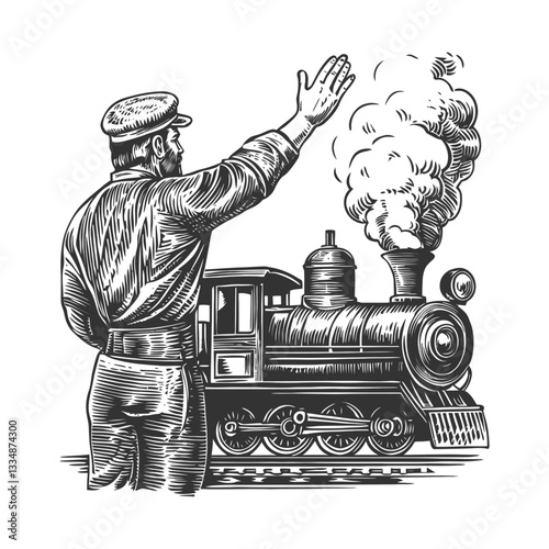 Vintage Steam Train Engineer Waving Goodbye at Departure Station
