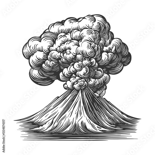 Erupting Volcano with Dramatic Smoke and Clouds in Black and White