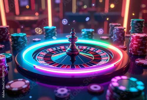 Neon roulette in a casino with bright lights and chips
