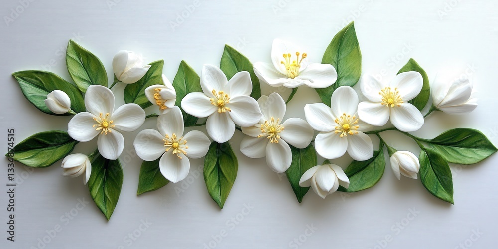 Obraz premium Delicate white blooms and lush greenery create a serene, minimalist arrangement on a clean white surface