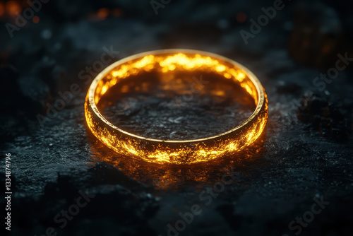 The Lord's Ring in Middle Earth: A radiant golden ring rests on a weathered stone surface, casting a mysterious and powerful aura.