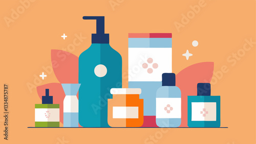 Product Range An array of skincare products featuring exosome infusion illustrated in minimalistic containers with labels portraying their rejuvenating properties.