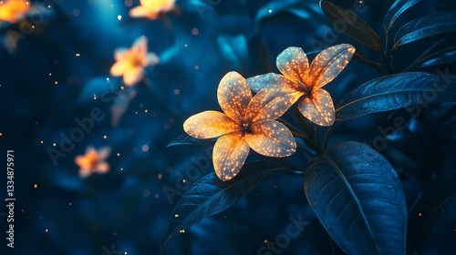 Bright flowers glowing in a dark garden setting at dusk with sparkling effects on petals