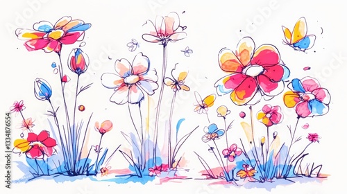 Kids crayon artwork featuring flowers, doodle-style floral elements,, drawn in a playful children’s garden theme.