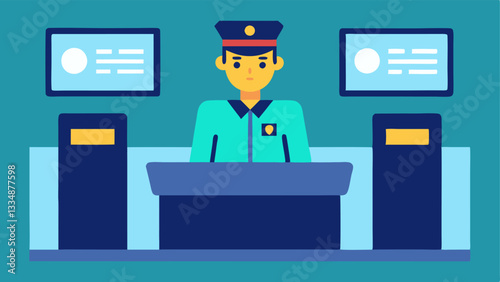 Security Staff Monitor A security staff member at a control desk observing multiple screens displaying biometric data from incoming travelers at the checkin area.