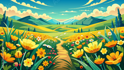 A detailed description of the stock photo A symmetrical summer landscape showcasing a picturesque field of yellow wildflowers creating a vibrant and stunning floral display