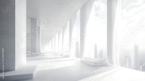 White modern skyscraper lobby, city view