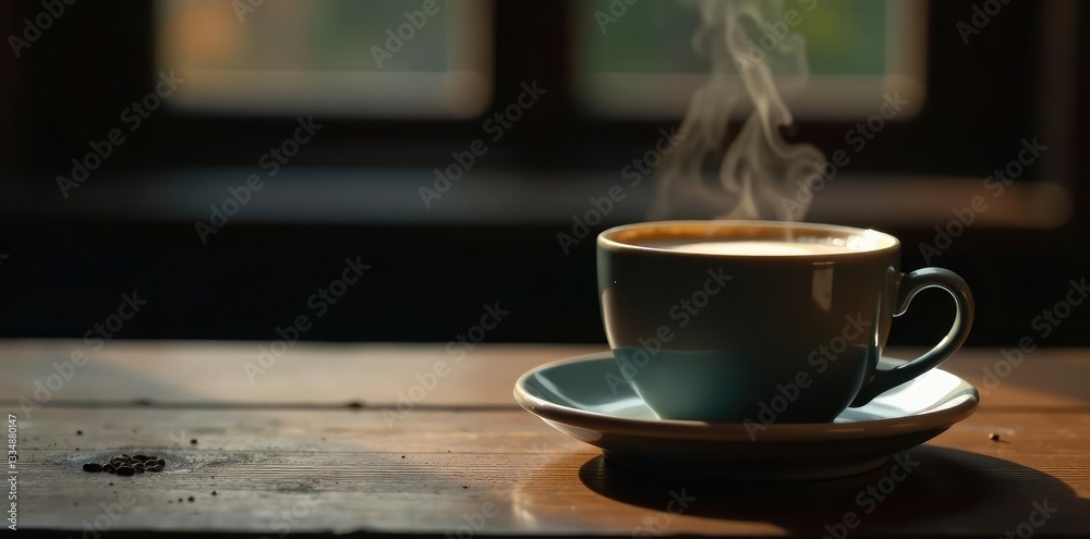 Steaming hot coffee in a ceramic cup on a wooden table, table, steam, dark Steaming hot coffee in a ceramic cup on a wooden table, table, steam, dark