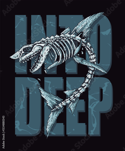 Handmade vector illustration of shark skeleton in composition with lettering. Editable art for printing on t-shirts, posters and etc.