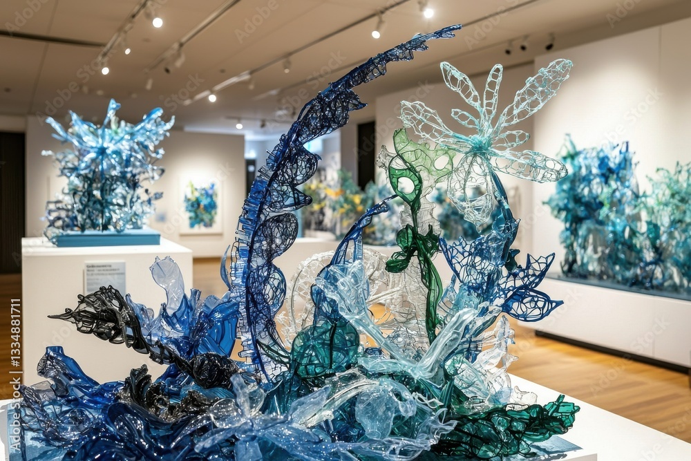 Fototapeta premium A captivating art gallery showcasing intricate floral sculptures made of recycled plastic, featuring blue, green, and clear elements with detailed patterns, illuminated by gallery lighting.