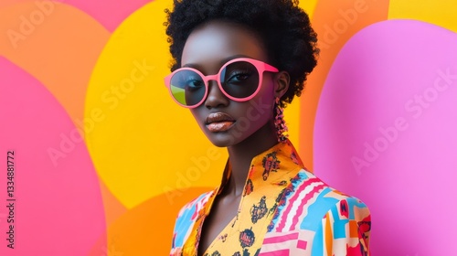 Wallpaper Mural Model poses confidently against vibrant background while wearing stylish glasses and bold attire Torontodigital.ca