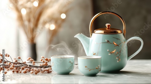 A beautiful teapot featuring a golden handle and intricate floral design, paired with matching cups, inviting warmth and elegance to your tea-drinking experience.