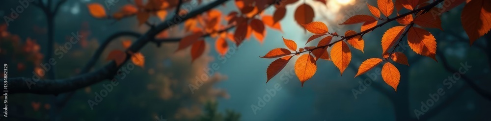 Glowing leaves and branches of a tree in soft focus, atmospheric, eerie Glowing leaves and branches of a tree in soft focus, atmospheric, eerie