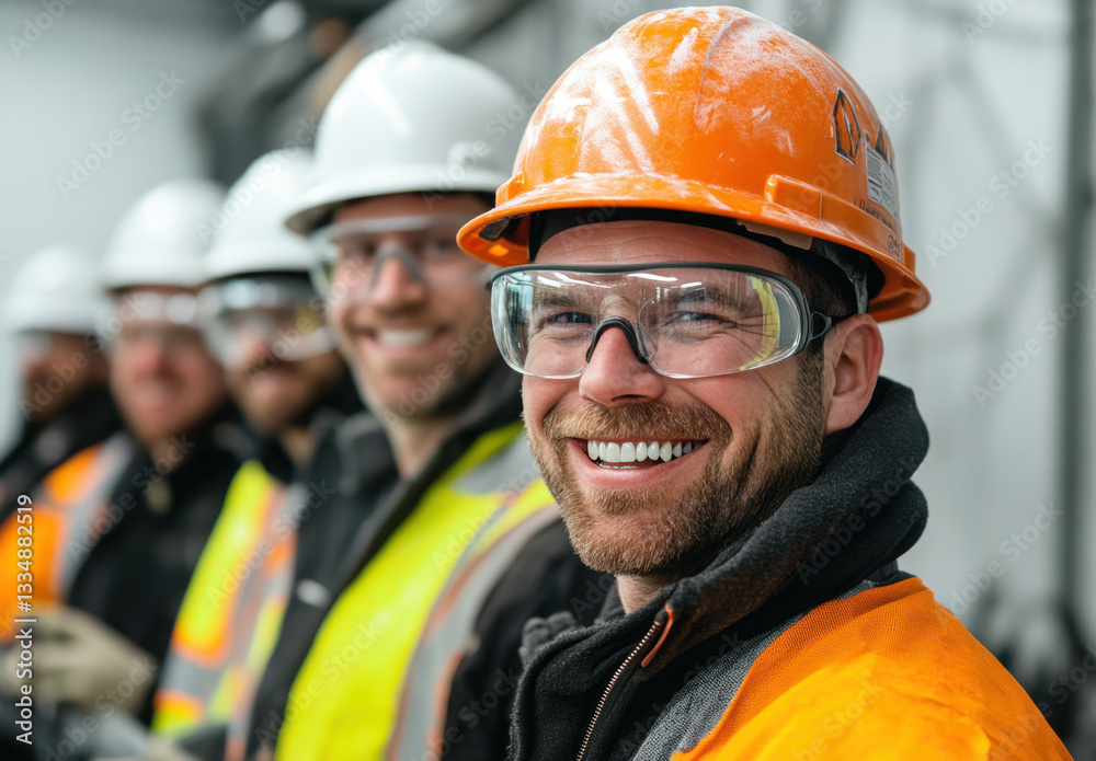A group of enthusiastic workers in safety helmets and goggles poses together at a construction site. They showcase teamwork and safety while enjoying their work environment A group of enthusiastic workers in safety helmets and goggles poses together at a construction site. They showcase teamwork and safety while enjoying their work environment