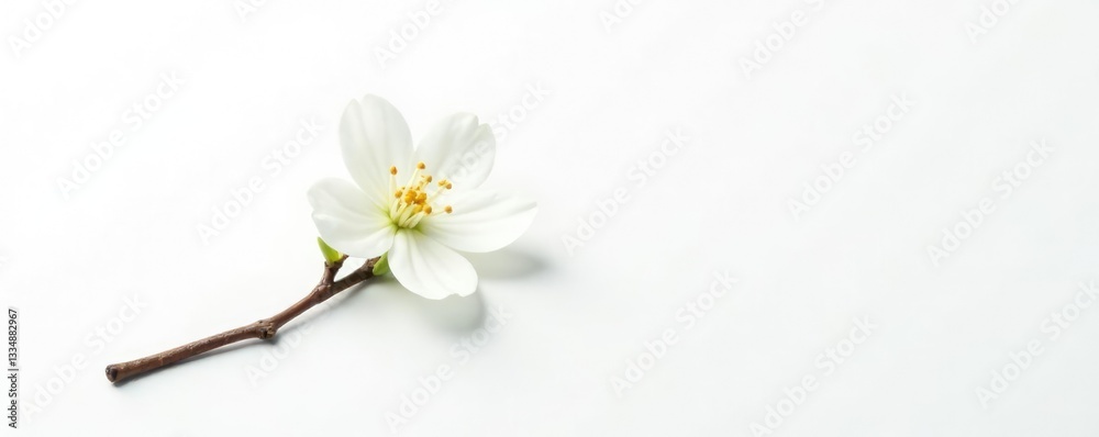 Single isolated branch with a small flower or bloom on white background, white, branch, bloom Single isolated branch with a small flower or bloom on white background, white, branch, bloom