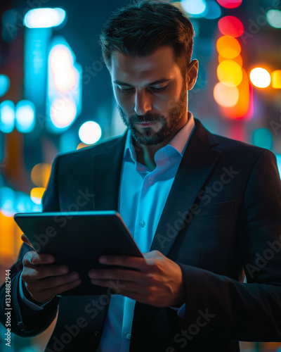 Businessman focused on tablet in a vibrant urban environment  