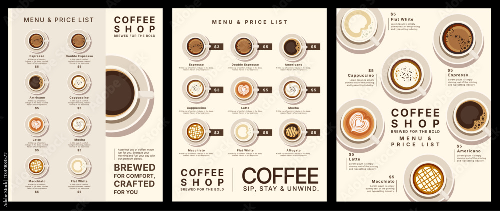 coffee shop and cafe menu mockup template design, vector illustration of coffee flat style, food and drink concept, poster and promotion, coffee cup of espresso, americano, mocha, latte and flat white