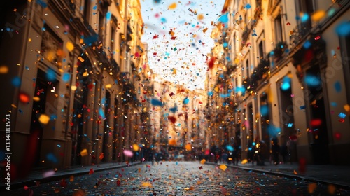 Confetti Raining Down City Street Celebration