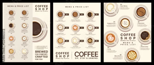 Obraz coffee shop and cafe menu mockup template design, vector illustration of coffee flat style, food and drink concept, poster and promotion, coffee cup of espresso, americano, mocha, latte and flat white