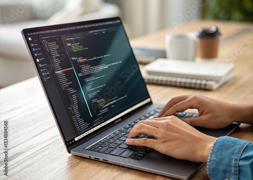 A close-up of a software developer typing on a laptop, with lines of code displayed on the screen in a dark mode interface