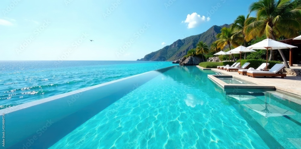 Fototapeta premium Crystal clear waters surrounding an infinity pool, peaceful, crystal