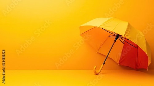 A striking yellow and orange umbrella leans against a bright wall, showcasing its cheerful colors that evoke warmth, joy, and spontaneity in a playful setting.