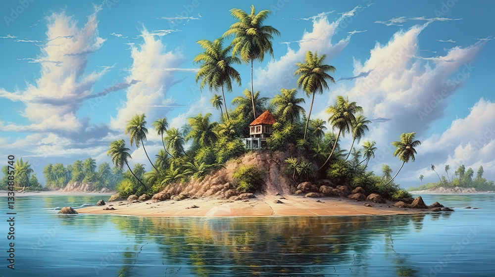 Paradiesische herzförmige Insel mit Palmen und klarem Wasser Paradiesische herzförmige Insel mit Palmen und klarem Wasser
