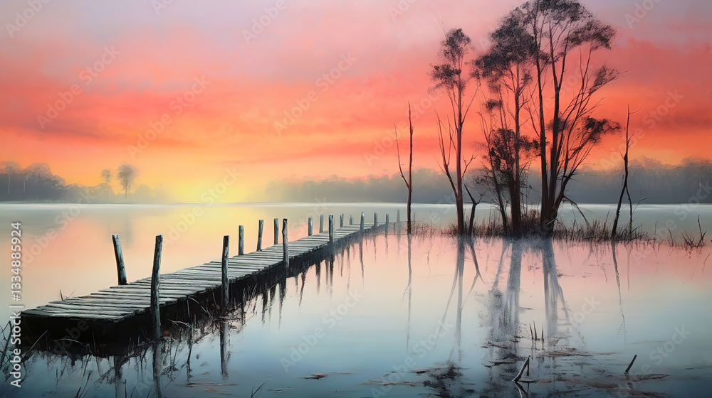 Stille am See: Holzsteg im Nebel bei Sonnenaufgang Stille am See: Holzsteg im Nebel bei Sonnenaufgang