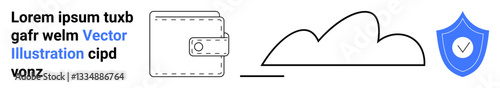 Wallet icon, cloud backup, and shield with check mark symbolizing safe storage. Ideal for security, finance, technology, online storage, digital banking, data safety simple landing page