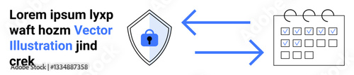 Shield with lock representing security connected to a calendar via arrows, symbolizing data protection and task management. Ideal for security, scheduling, encryption, productivity, planning