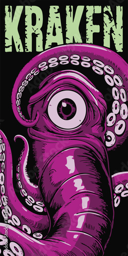 Kraken art purple octopus, suckers, single eye