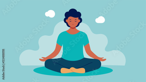 Mindful Breathing An illustration of a person sitting crosslegged on a mat eyes closed and hands resting on their knees with gentle waves of breath depicted around them to
