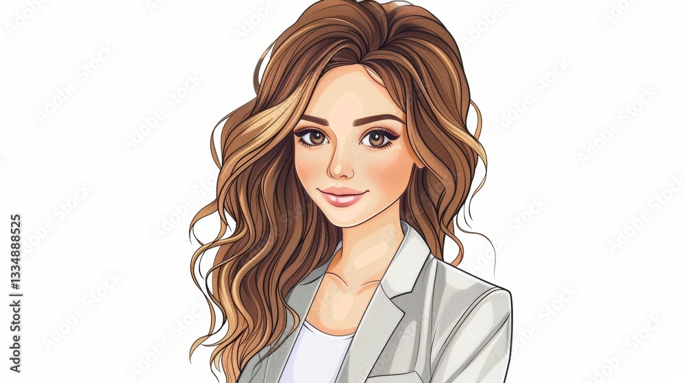 Professional illustration of a young woman with long wavy hair, wearing a blazer, exuding confidence and elegance on a white background Professional illustration of a young woman with long wavy hair, wearing a blazer, exuding confidence and elegance on a white background