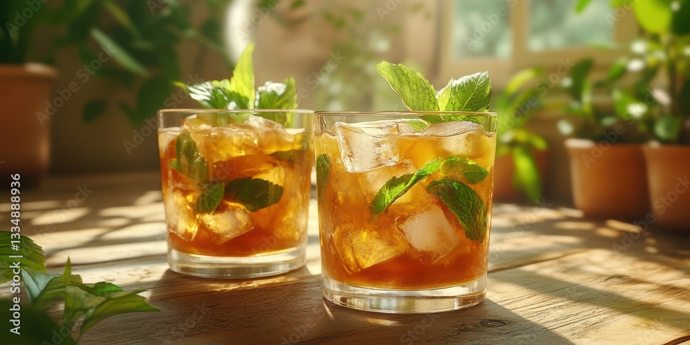 Refreshing mint beverage served in two glasses on a sunny indoor table with green plants in the background