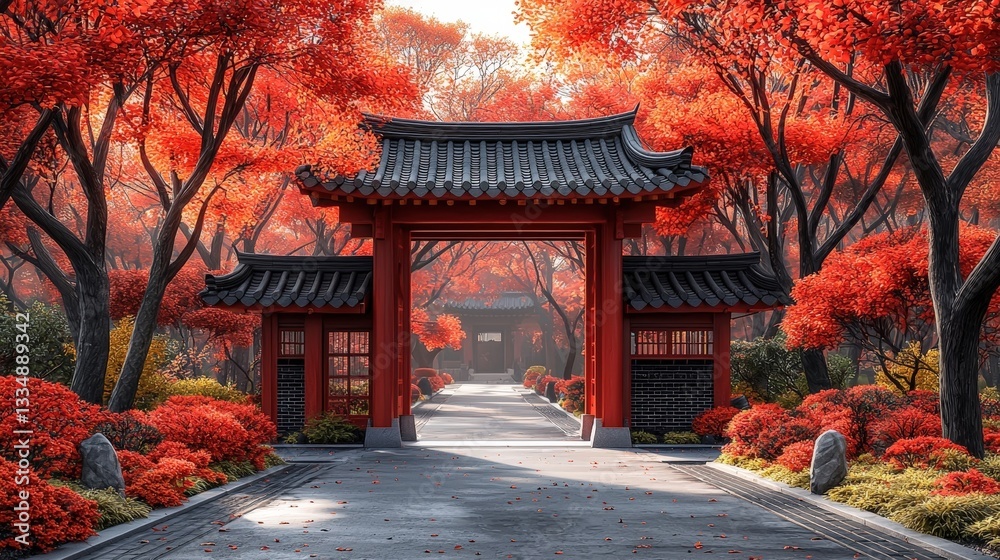 Serene Pathway Through Vibrant Autumn Foliage in Traditional Asian Garden Landscape Serene Pathway Through Vibrant Autumn Foliage in Traditional Asian Garden Landscape