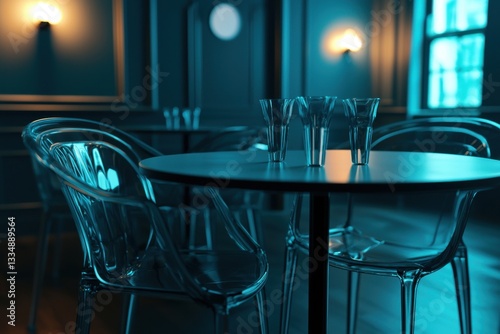 An elegant bar setting with transparent chairs and empty glasses under soft lighting, creates a modern and inviting atmosphere for an upscale cocktail lounge.