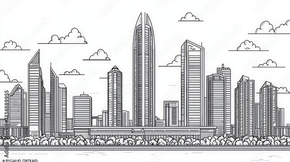 Fototapeta premium Modern Urban Skyline Illustration with Towering Buildings and Cloudy Sky in Black and White Style
