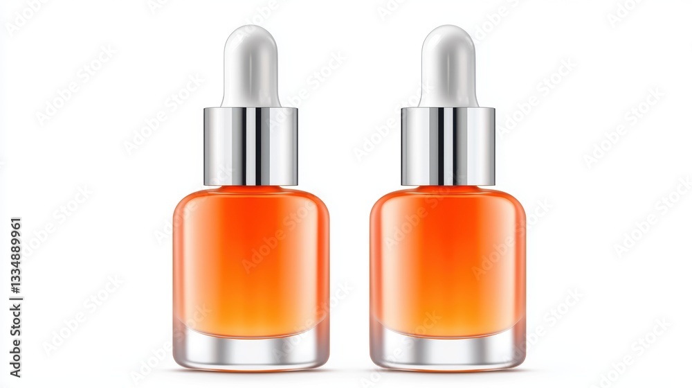 Elegant simplicity, two serum bottles on a pristine white background for cosmetic beauty showcase Elegant simplicity, two serum bottles on a pristine white background for cosmetic beauty showcase