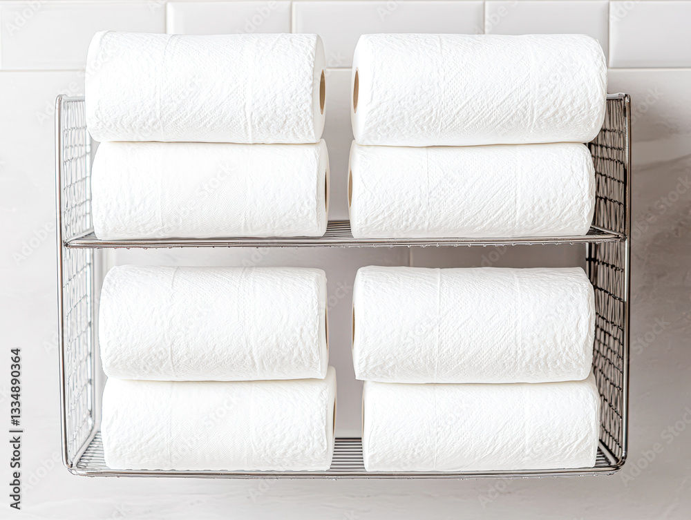 Obraz premium Neatly stacked white towels in a wire storage basket.