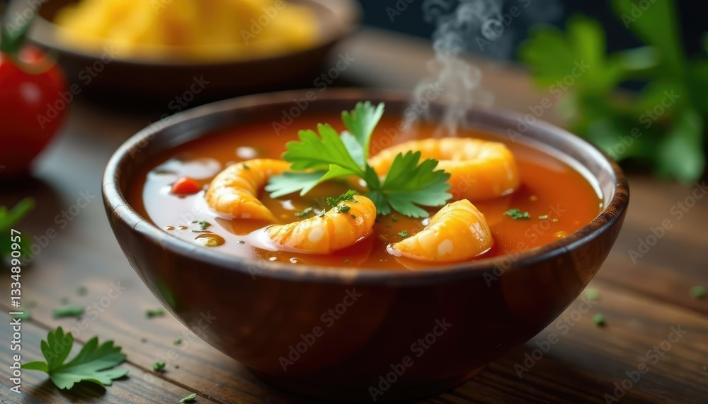 Steaming hot seafood soup with cilantro garnish served in a wooden bowl, steaming hot, kitchen table, soup Steaming hot seafood soup with cilantro garnish served in a wooden bowl, steaming hot, kitchen table, soup