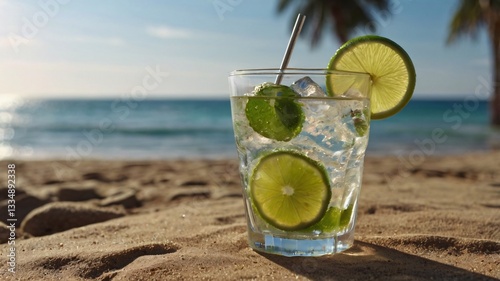 Cocktail, Refreshing Mojito Cocktail with Ice lime and mint on sunny Beach, Close-up picture of cocktail with lime, mint, ice cubes on beach with ocean in background