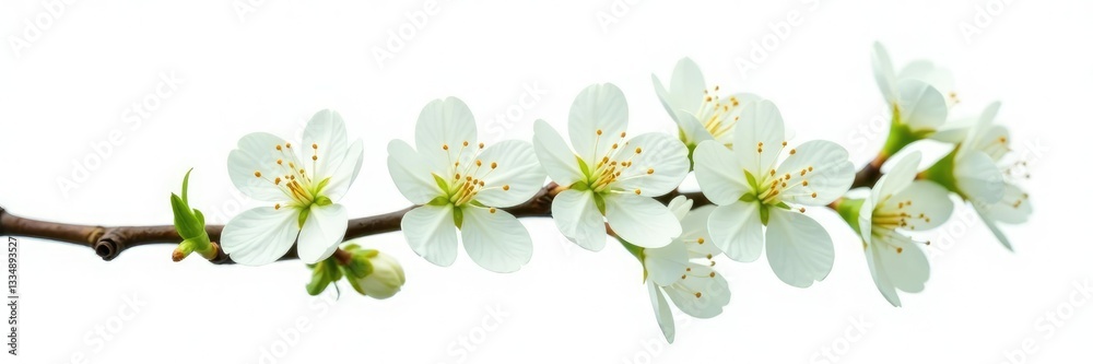 Obraz premium Single isolated branch with delicate white flowers, greenery, flowers