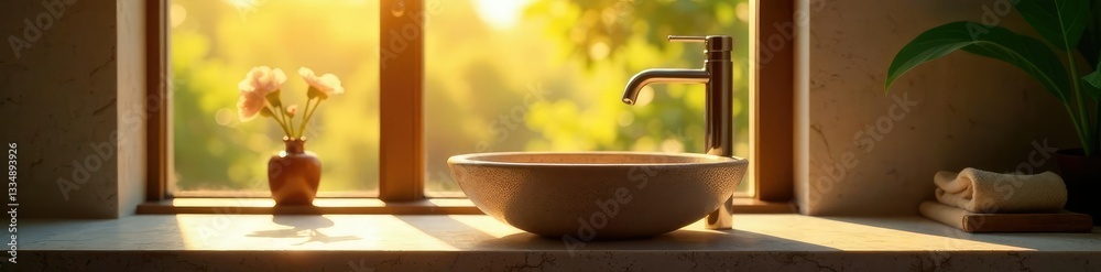 Obraz premium Warm sunlight streams through the window, illuminating the stone sink basin, calm, lighting, shine