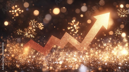 Gold glitter background with upward trending graph, festive and celebratory.