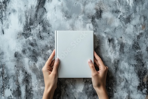 Book Presentation: Human hands carefully hold a closed, blank book against a subtly textured surface, offering a sense of anticipation and potential. 