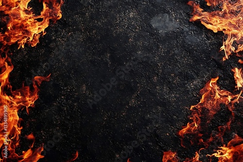 Burning flames of fire encircling a dark textured background