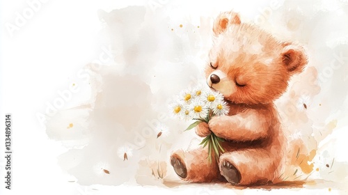 Watercolor illustration of a cute teddy bear holding a bouquet of white daisy flowers