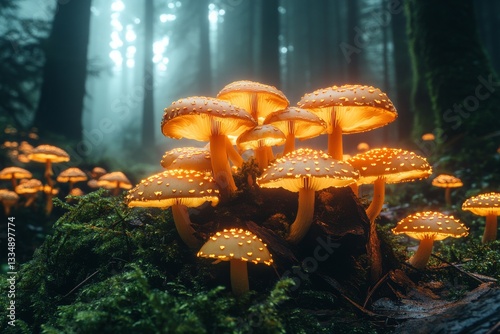 Misty forest floor with glowing mushrooms and morning sunrays