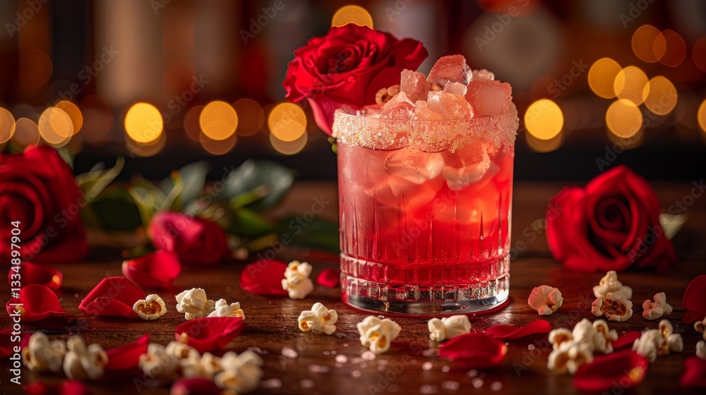 Romantic evening: a ruby red cocktail adorned with roses, scattered petals, and popcorn on a polished wood surface illuminated by twinkling lights. Romantic evening: a ruby red cocktail adorned with roses, scattered petals, and popcorn on a polished wood surface illuminated by twinkling lights.